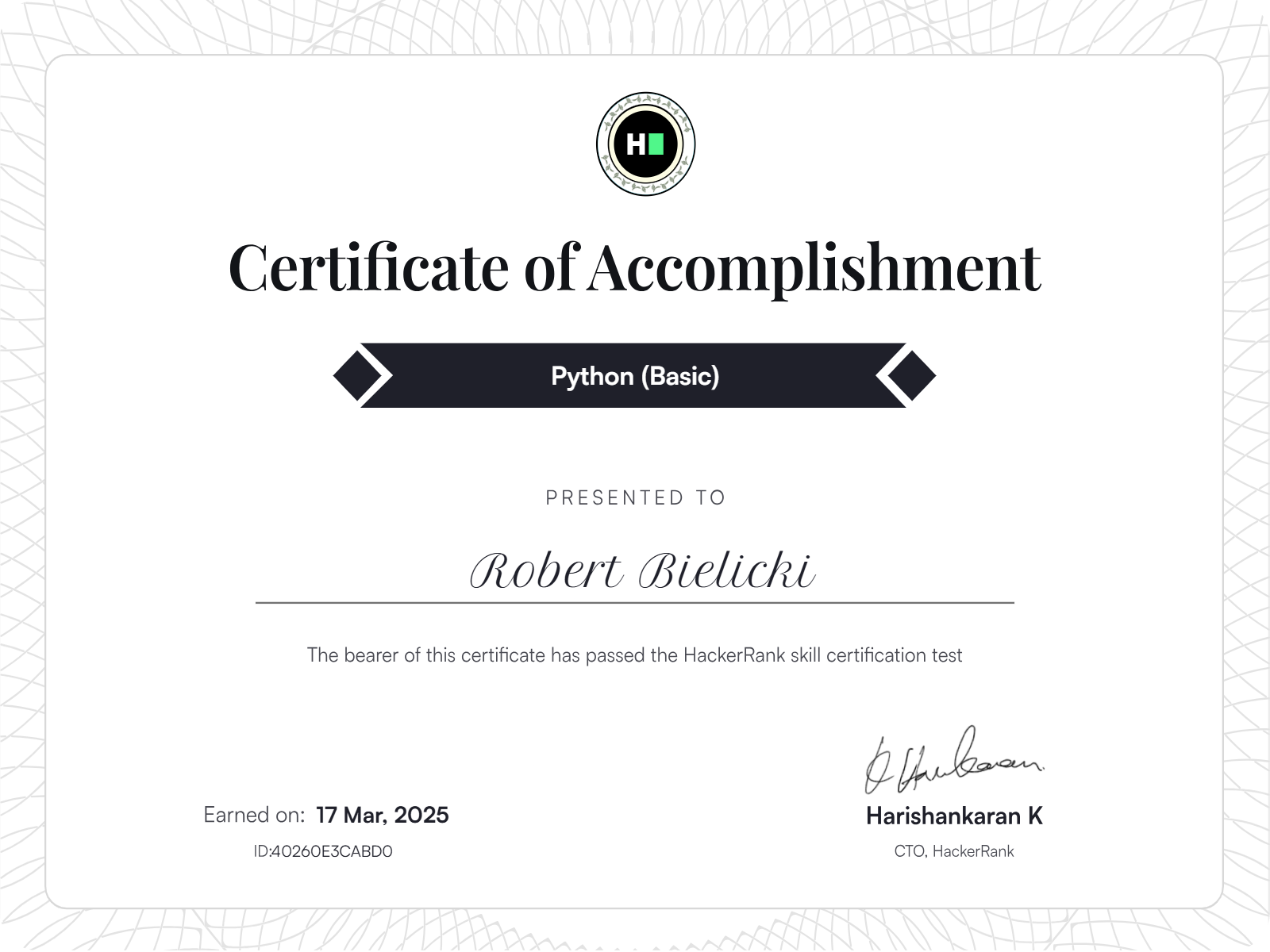 Certyfikat HackerRank